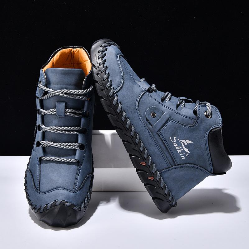 2025 large size men's color matching leather boots, men's fashion hand-stitched ankle boots flat-bottomed lace-up casual