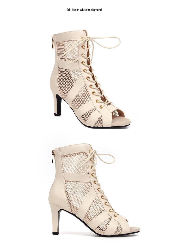 Dames Kant-up Mesh Hoge Hak Jazz Laarzen - Hol Ontwerp en Peep-Toe Dansschoenen, Ook Verkrijgbaar in Grote Maten.