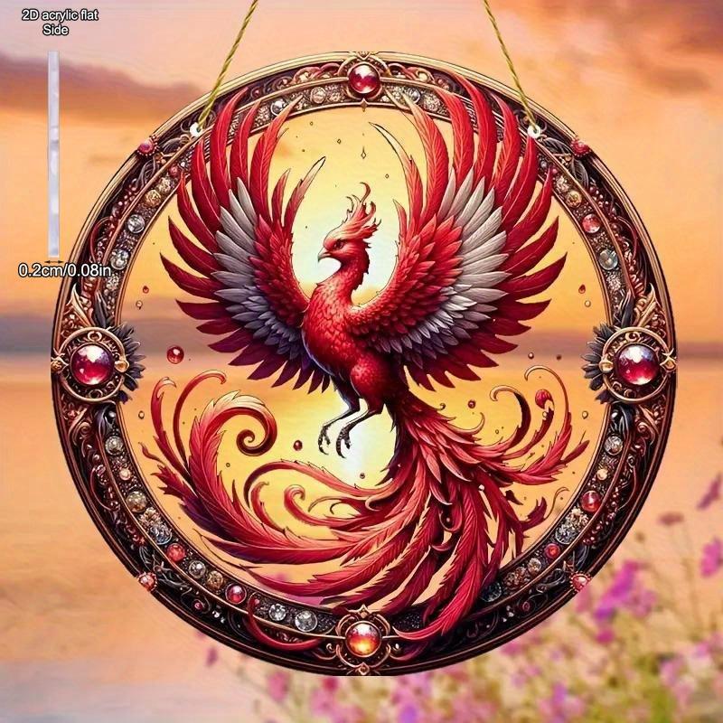Suncatcher Fenice di Natale in Acrilico Vintage, Appeso Rotondo in Acrilico 2D, Decorazione Finestra Stile Vetro Colorato per Giardino e Cortile in Stile Farmhouse