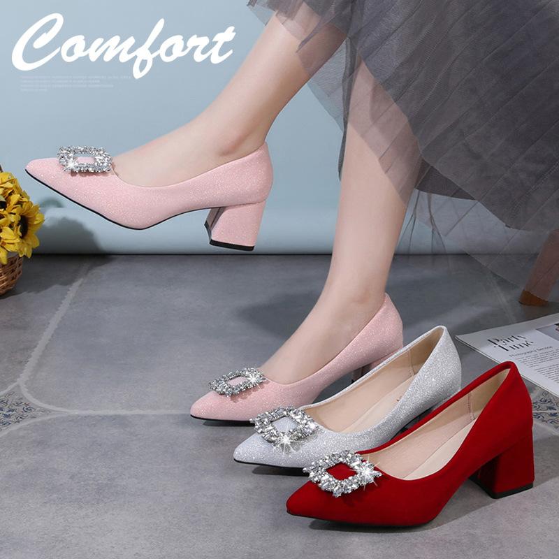 Fashion rhinestone Women's Shoes 2025 luxury woman shoes Square heel High Heels shoes Designer Brand Pumps Pointed toe Comfortable