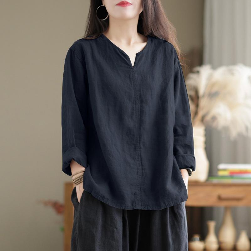 Autumn Women Vintage Cotton Blouse Fashion Solid Loose Shirt Work Tunic Blusas Mujer V Neck Long Sleeve