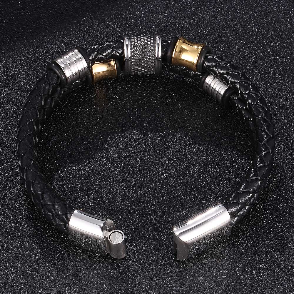 Stainless Steel Metal Clasp Bangles Men Jewelry Two Layers Black Genuine Leather Bracelet