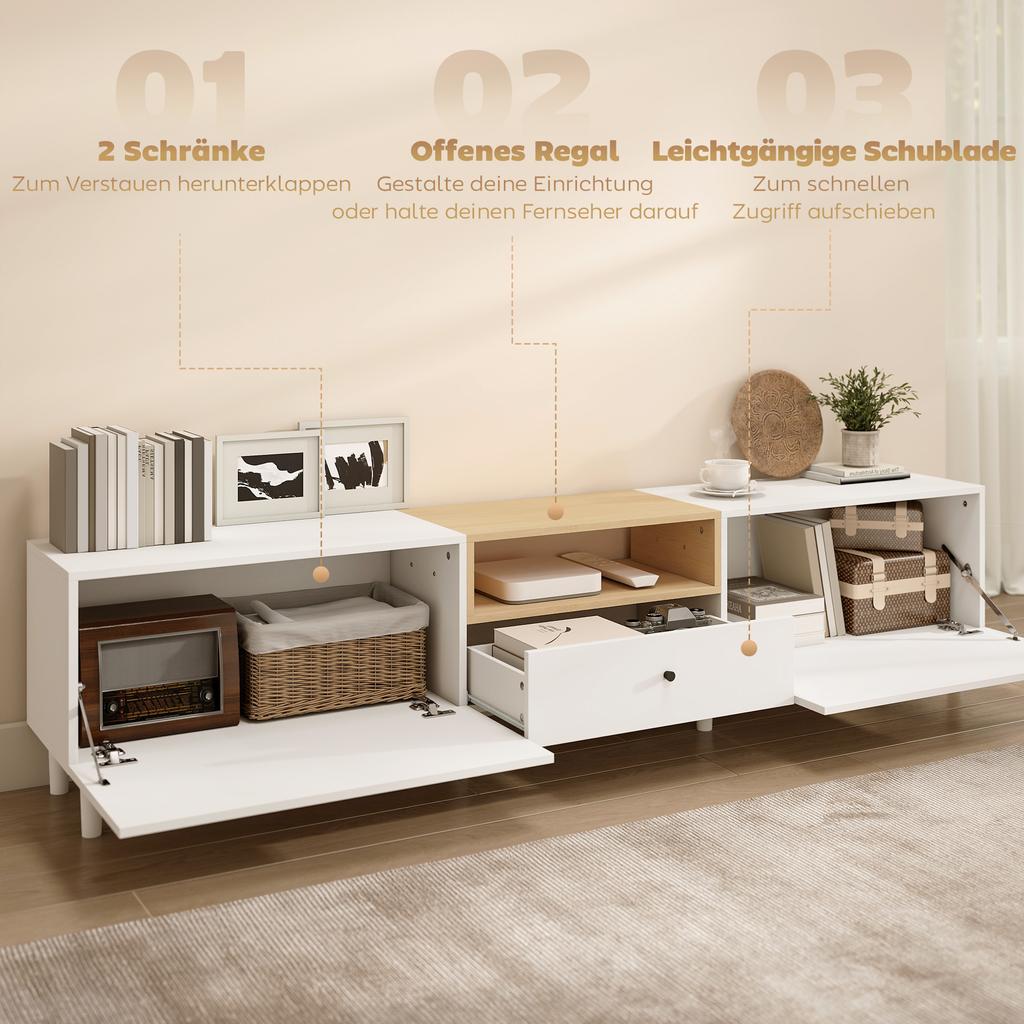 200 Cm TV Cabinet for TVs Up To 90 Inches, 2 Cabinet Compartments, Open Shelf, Drawer, 8 Legs, Chipboard, White