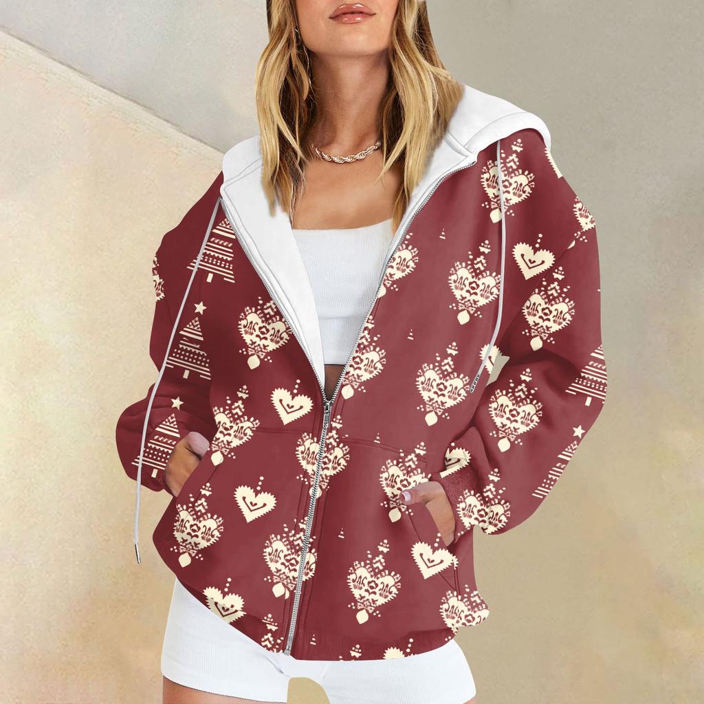 Women's Christmas Printed Sweatshirt Winter Long Sleeve Cardigan Jacket With Pockets Zipper Hoodie Outerwear