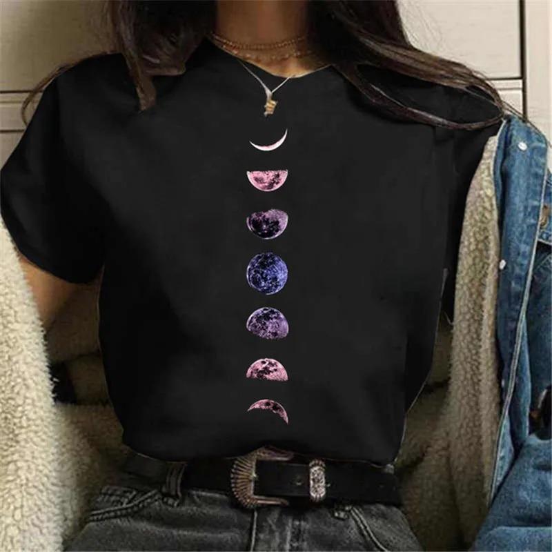 Moon PrintWomen Harajuku Summer T Shirt Girl Fashion Black Tops Funny Female T-shirt Casual Tee Woman Clothes Y2k Cute Tops