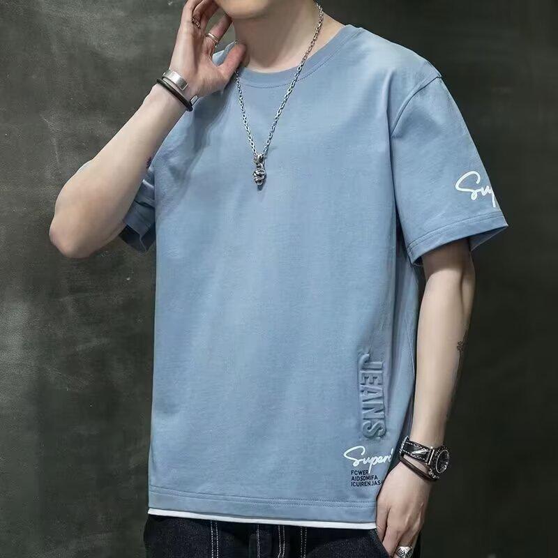 Fake Two-Piece Short-Sleeved T-Shirt Men'S Summer New Youth Leisure Sports Round Neck Short-Sleeved Thin Bottoming Shirt Trendy Brand