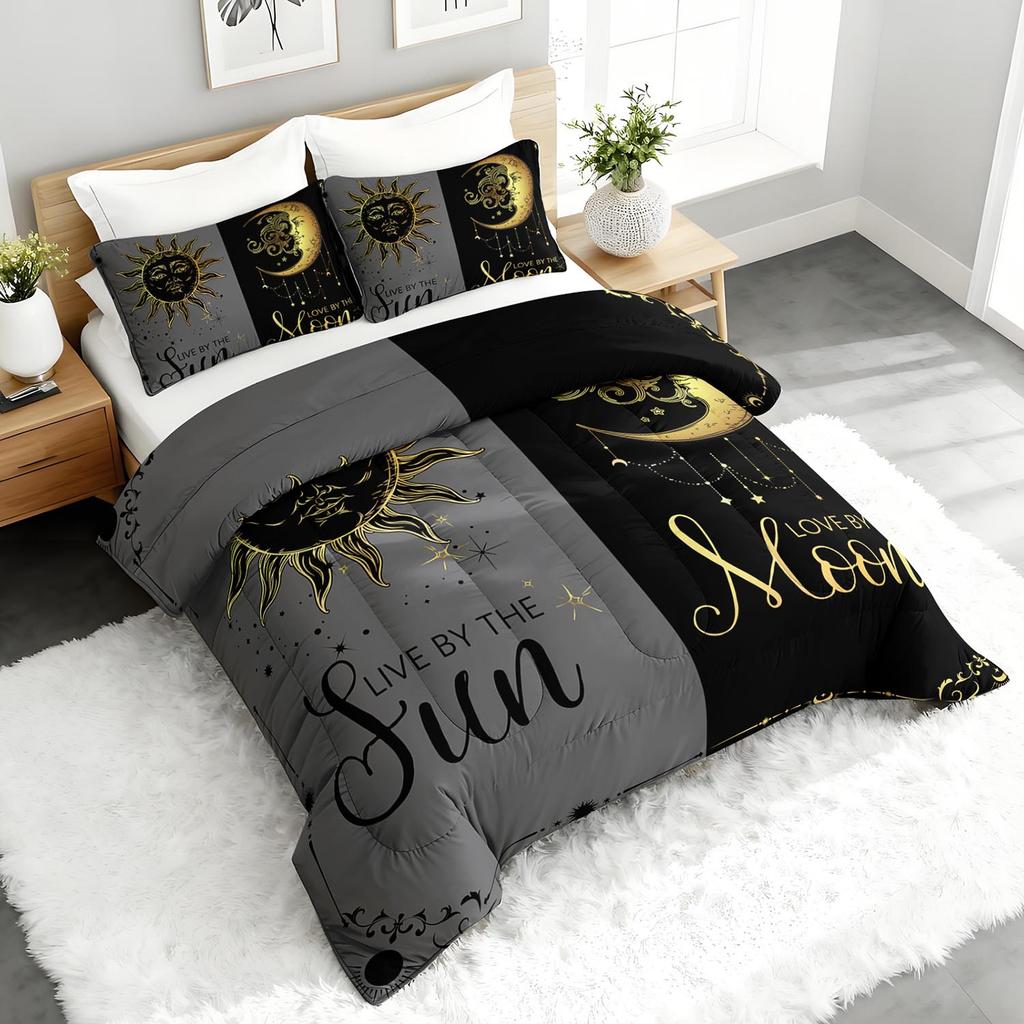 3PC Sun And Moon Celestial Bedding Set Astrology Duvet Cover with 2 Pillowcases Modern Bedroom Guest Room Decor