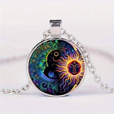 Fashion Sun Moon Pattern Glass Alloy Pendant Necklace for Men Women