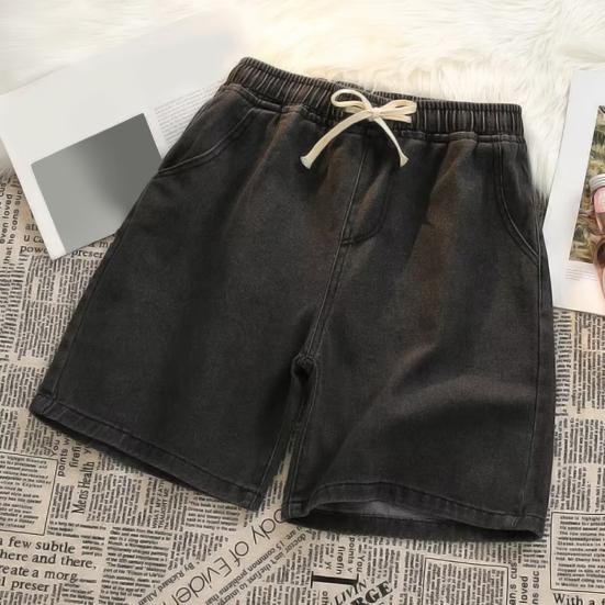 Pantaloni Scurți Denim Bărbați Talie Elastică Șnur Picior Drept Larg Pantaloni Scurți de Vară Culoare Solidă