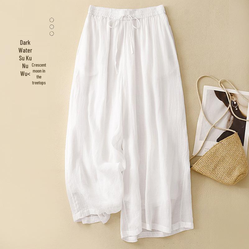 Women's Casual Wide-Leg Elastic Waist Pants - Cotton Linen Double Layer 