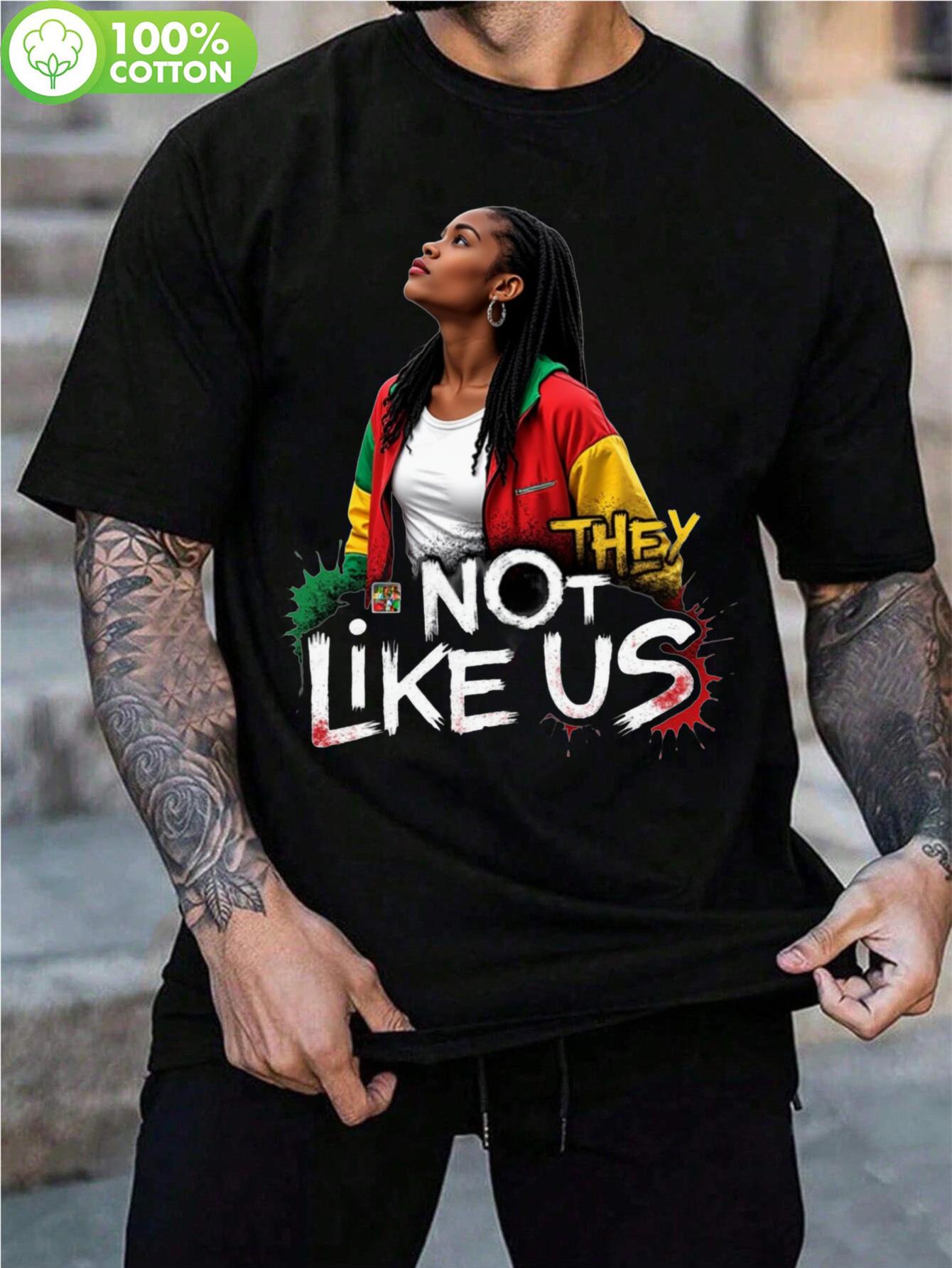1pc Empowerment Statement They Not Like Us Graphic T-shirt - Black Retro Unisex Short Sleeve Tee with Bold Rasta-Inspired Design S