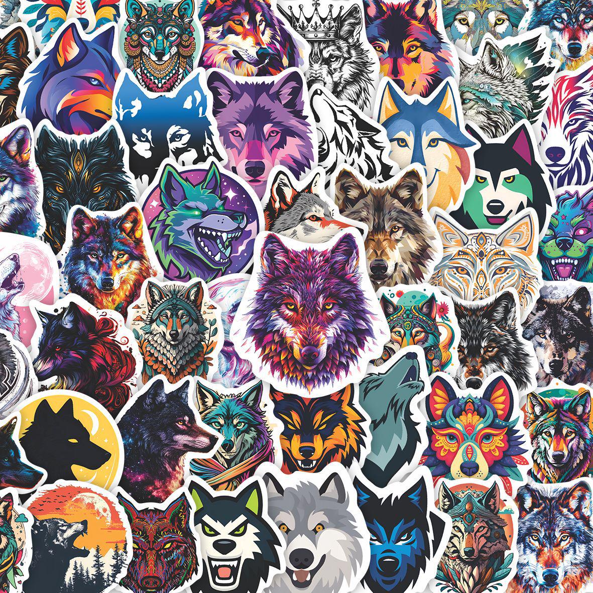 50 Sheets Wolf Cartoon Stickers: Waterproof, DIY, Decorative for Notebooks & Suitcases.