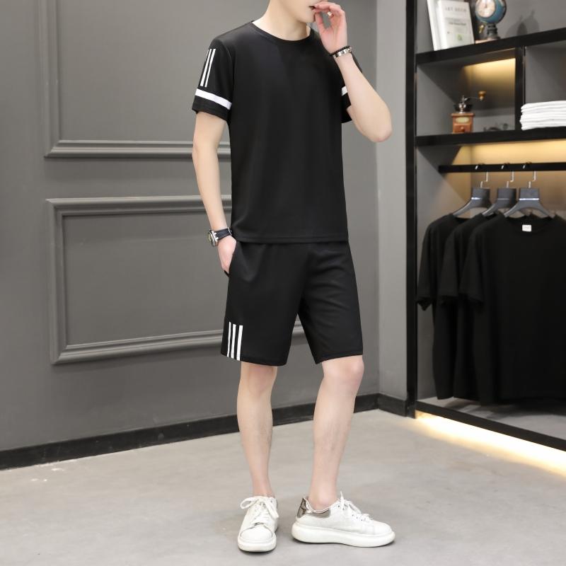 Summer Sports Suit For Men Solid Color Ice Silk Casual Loose Round Neck Short Sleeve Men's Sports Two-piece Summer Thin Suit