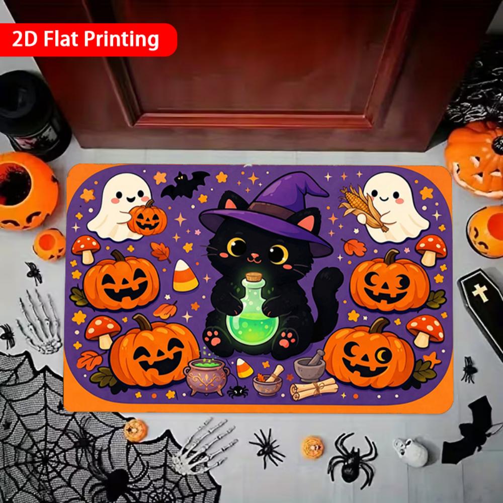 Wipe Your Paws Halloween Door Rug Cute Black Cat Pumpkin Front Entryway Carpet Autumn Leaves Patio Bedroom Floor Decoration
