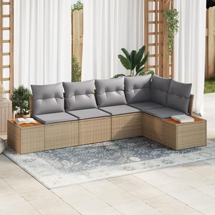 VidaXL Ensemble de Canapé de Jardin 5 Pièces avec Coussins Beige Rotin Poly Acacia 3348086