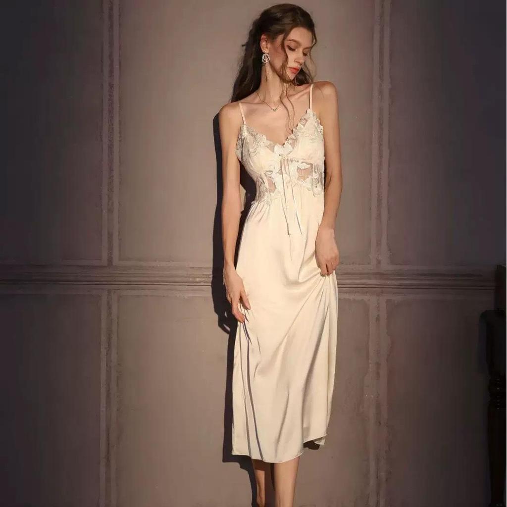 French Romantic Lace Nightgown & Silk Robe Set - High-End Elegant Homewear