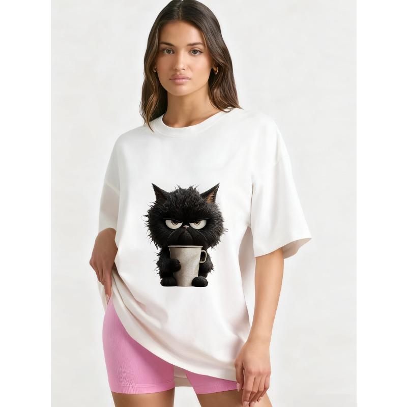 

Черная футболка оверсайз с принтом злого черного кота, держащего чашку кофе, повседневная одежда XXXXL белый