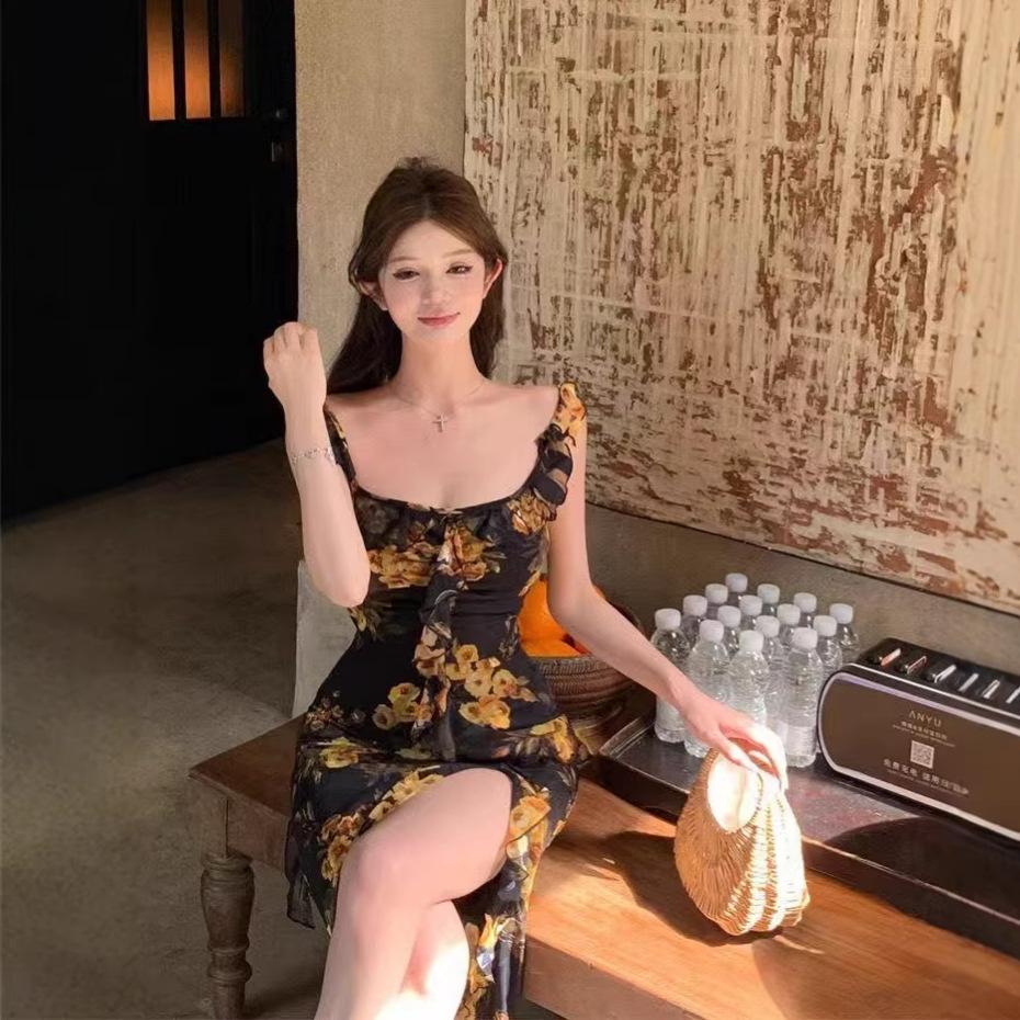 Sweet and Spicy Retro Slim-fitting Split-ended Waist-wrapped Hip Skirt Women's Temperament Long Dress Ruffle Edge Floral Suspender Dress
