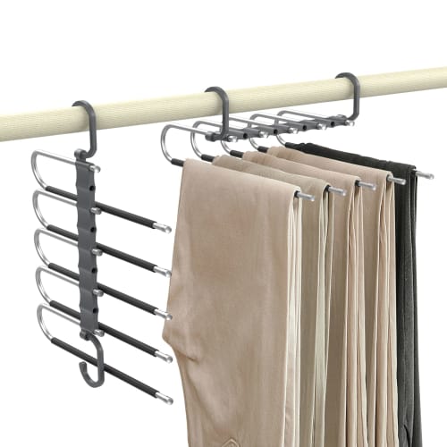 Housolution Pants Hangers, Set of 2, Pants Hangers for Slacks, Non-Slip, 5-Tier, Foldable Clothes Drying Rack, Space-Saving, Dual-Use, Non-Slip, Wrink