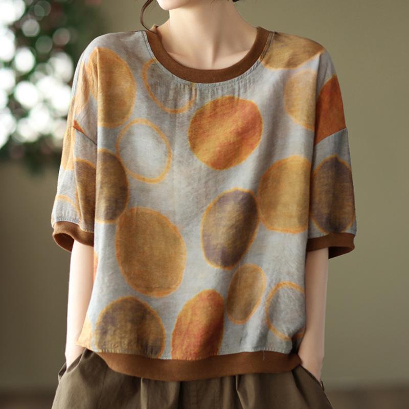 Women's Fashion Literary Style Printing Stitching Loose Short-sleeved T-shirt