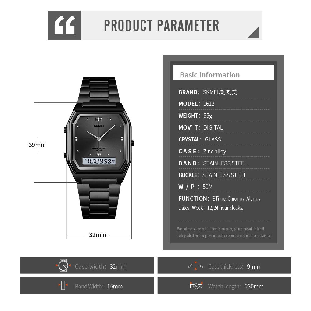 Skmei Herren Digitaluhr Casual Fashion Dual Display Edelstahl wasserdichte Armbanduhr für Männer Mann