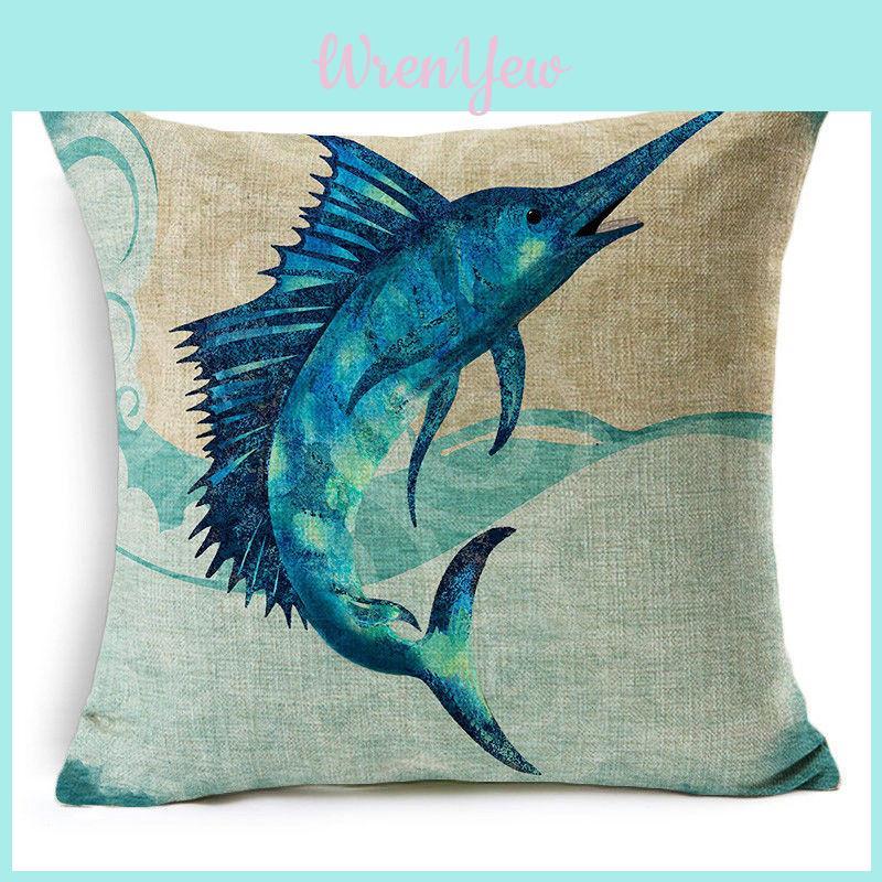 Exquisite 18" Blue Sea Animal Cotton Linen Cushion Cover For Stylish Living Spaces