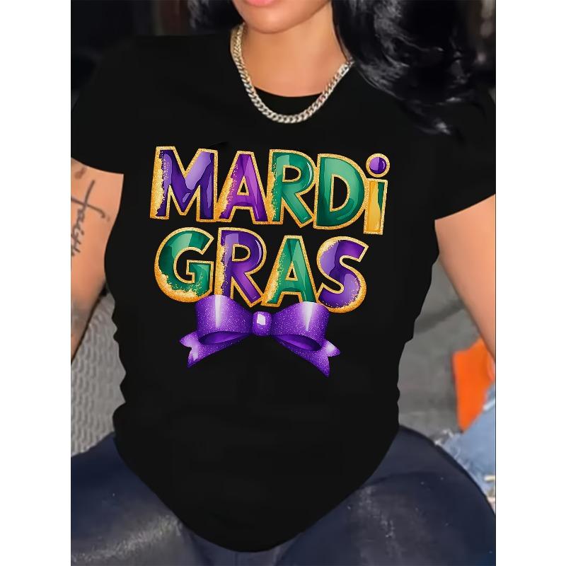 

Женская футболка Mardi Gras с забавным принтом, повседневная, удобного кроя, с коротким рукавом, с круглым вырезом, черная, для любого сезона S чёрный
