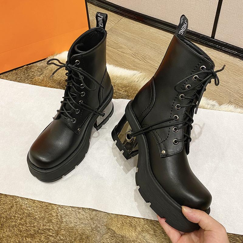 2026 Dark Locomotive Short Boots Thick-soled Thick Heel Retro Punk Lace-up Metal High-heeled Lace-up Women's Boots