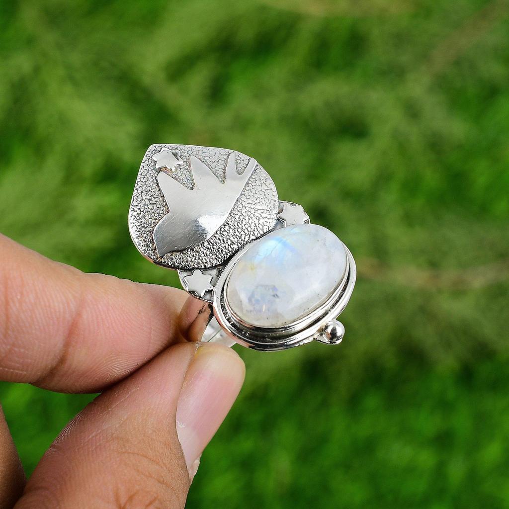 Natural Rainbow Moonstone Promise Bird Adjustable Ring 925 Silver For Women