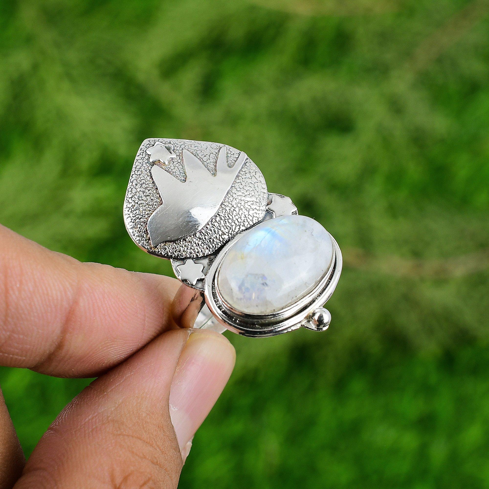 

Natural Rainbow Moonstone Promise Bird Adjustable Ring 925 Silver For Women Adjustable