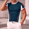 Mens O-Neck Short Sleeve T Shirt Color Block Patchwork Slim Fit Fitness Tees Tops