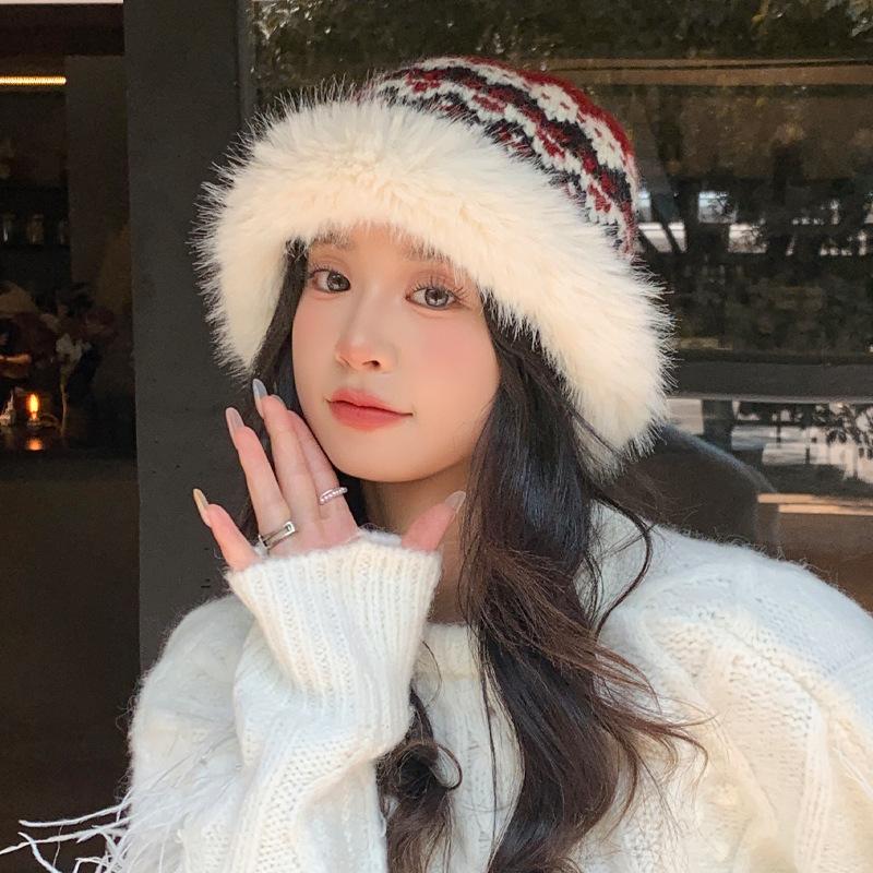Autumn and Winter Hat Women's Plush Hat Fashion Versatile Thermal Hat Ear Protector Basin Hat