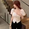 Retro White Square Neck Bubble Sleeve Irregular Short Shirt Women's Summer Unique Top