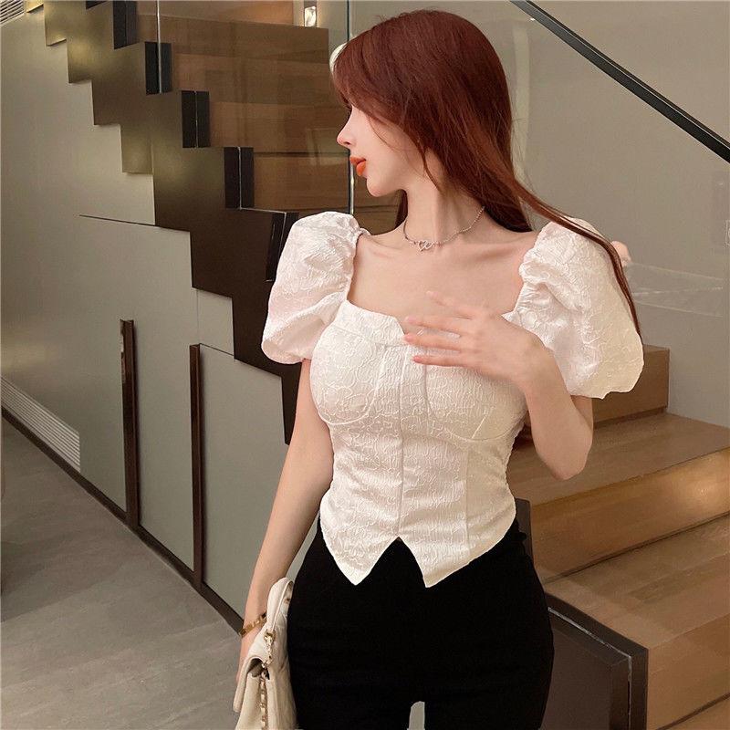 Retro White Square Neck Bubble Sleeve Irregular Short Shirt Women's Summer Unique Top