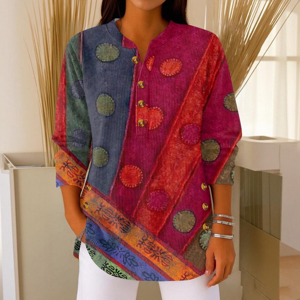 Women's Fashionable Button Collar Long-sleeved Christmas Print Pullover Top