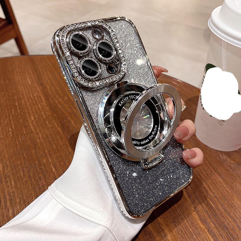 Luxury Plating Glitter Diamond Mirror Holder Bracket Cover Magnetic TPU Phone Case for iPhone 17 16 15 14 Plus 13 Pro Max 17 Air