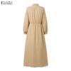 ZANZEA Women Casual Turn Down Collar Solid Color Long Sleeve Muslim Dress