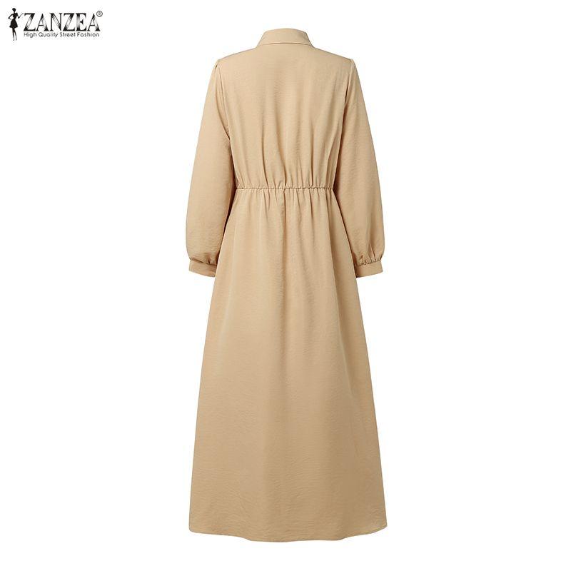 ZANZEA Women Casual Turn Down Collar Solid Color Long Sleeve Muslim Dress