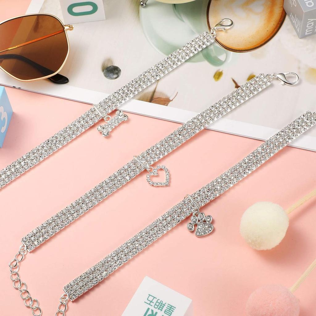 3 Pieces Bling Rhinestones Pet Collars Glitter Pendant Dog Collars Adjustable Crystal Cat Collar Elastic Pet Necklace for Small Pet Cat Dogs Puppy