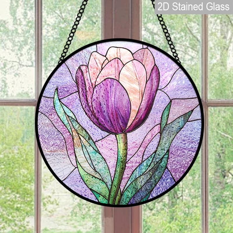 2D Flat Stained Glass Flower Window Decoration, 7.87inches Purple Tulips Design Colored Glass Plate with Chain, Charming Spring Summer Sun Catcher