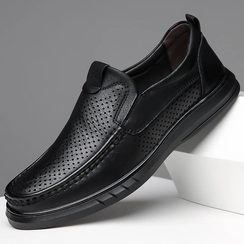 Men Casual Leather Shoes Fashionable Men Hollow Breathable Slip On Soft Leather Thick Soled Casual Leather Shoes