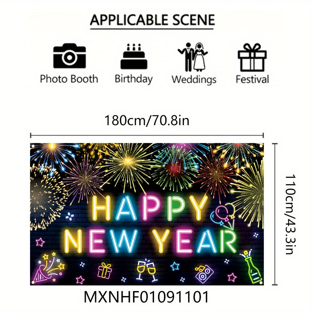 1Pcs Happy New Year Neon Lit Fireworks Decoration Background New Year Backdrop Decorations For Photo Studio Photo Booth Party