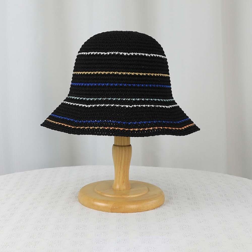 Hollow Out Knitted Bucket Hat Temperament Sun Protection Cap Colorful Striped Fisherman Hat Spring