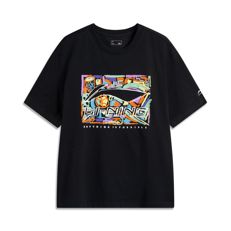 

Li-Ning Fashionable Printed Breathable Sweat-Absorbing Trendy Short Sleeve T-Shirt Unisex Tops Black AHSV291-2 L