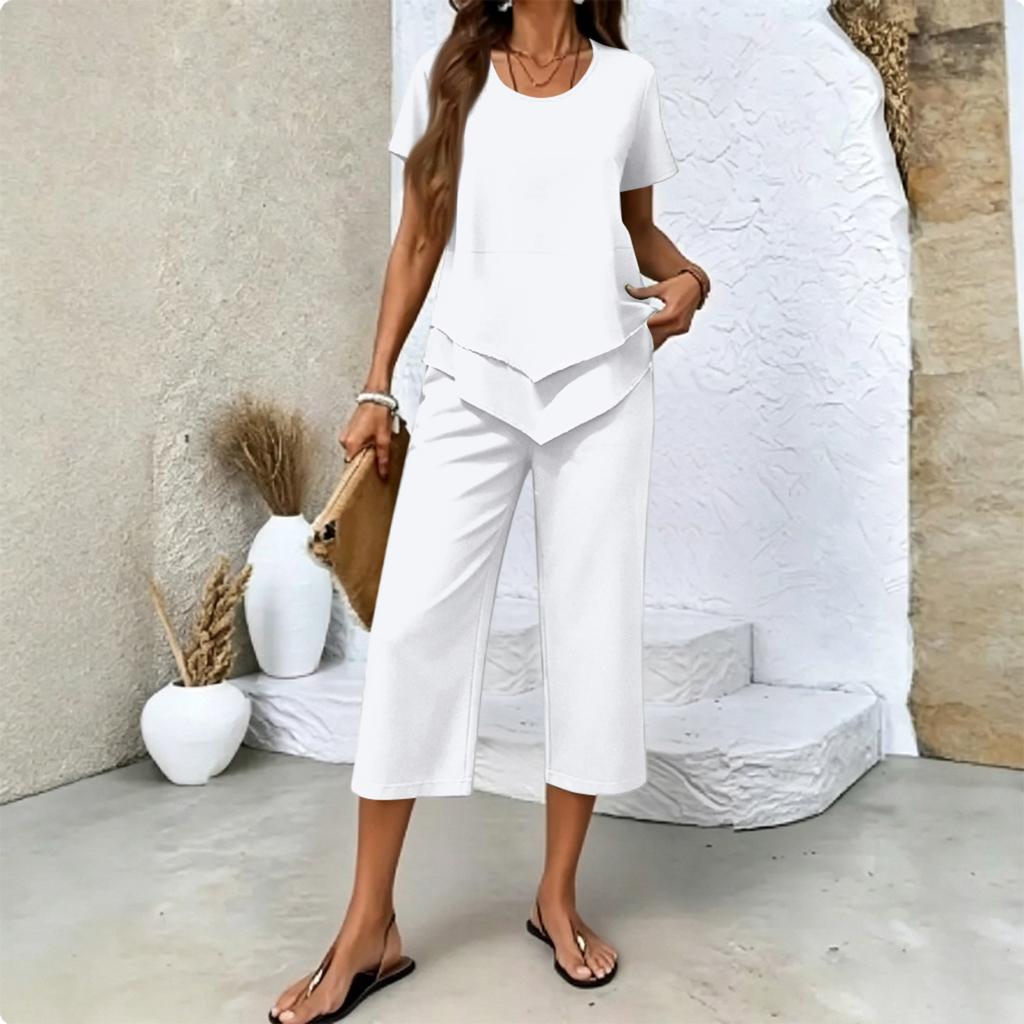Women's Casual Two Piece Set Short Sleeve Round Neck Top with Layered Hem and Cropped Wide Leg Pants Comfortable Lounge Outfit