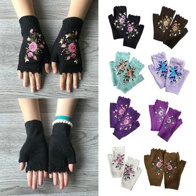 Daumenöffnungen Gestrickte Fingerlose Handschuhe Florale Bienenstickerei Handgelenklang Fäustlinge Damen
