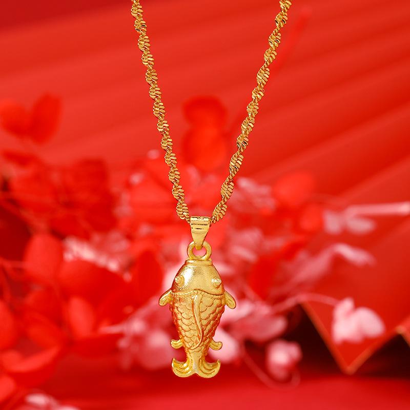 Gold-Plated Double Water Ripple Necklace with Goldfish Pendant - Popular Non-Fading Eastern Jewelry