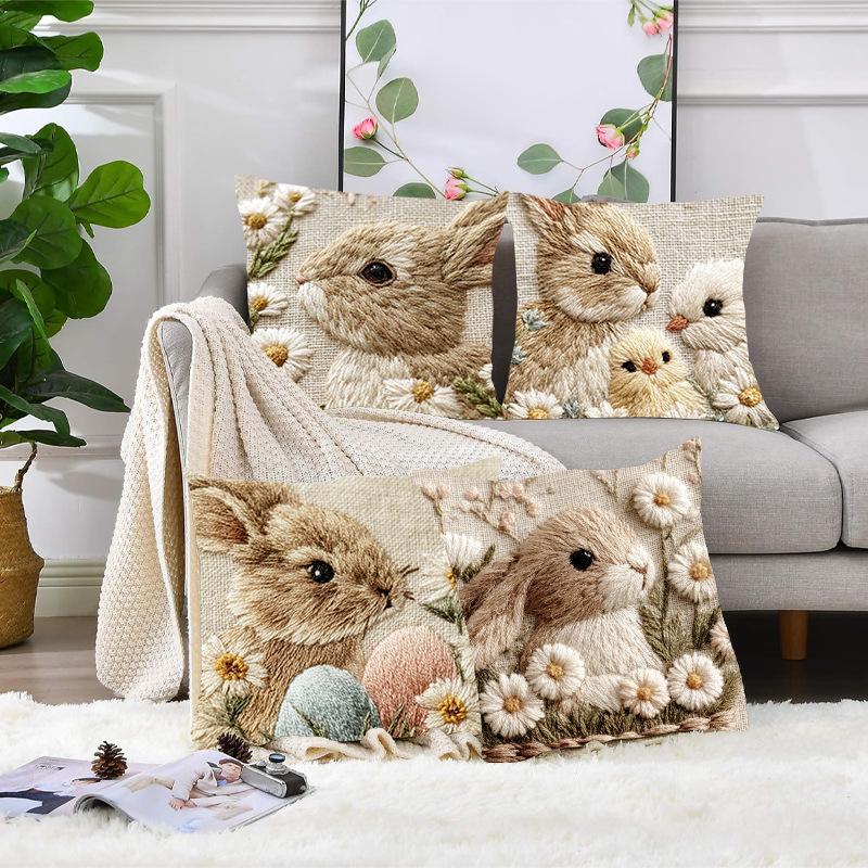 Vikama Easter Embroidered Bunny Pillow Cover Set Cozy Aesthetic Pillowcases For Bedside Couch Living Room Home Decoration