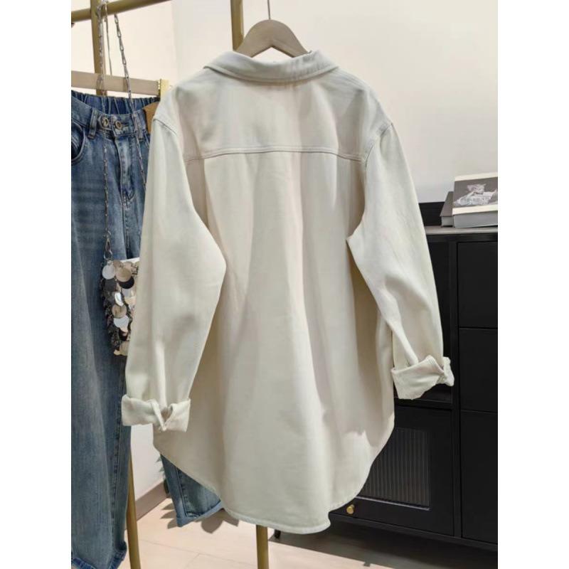 Off-white cotton thickened shirt women's spring and autumn new Korean version casual loose top medium and long tooling shirt