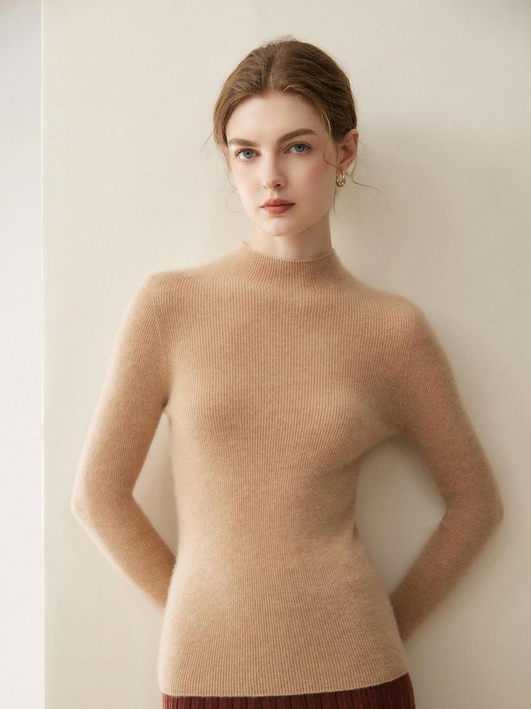 Women's Slim Fit Pure Cashmere Sweater, Half-High Neck, Soft Knit, Solid Color, 2026 Autumn/Winter Collection.